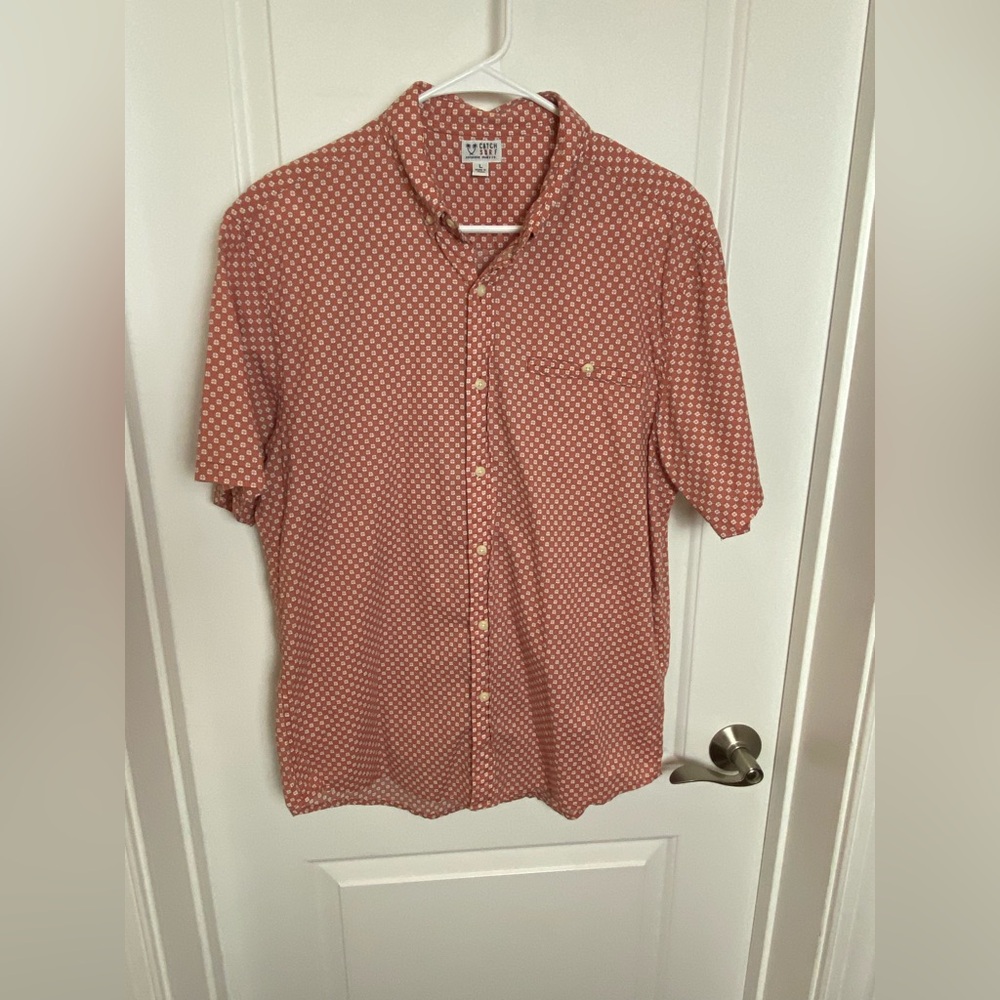 Catch Surf Short Sleeve Button-Down Orange Blue Geometric Print L 100% Cotton